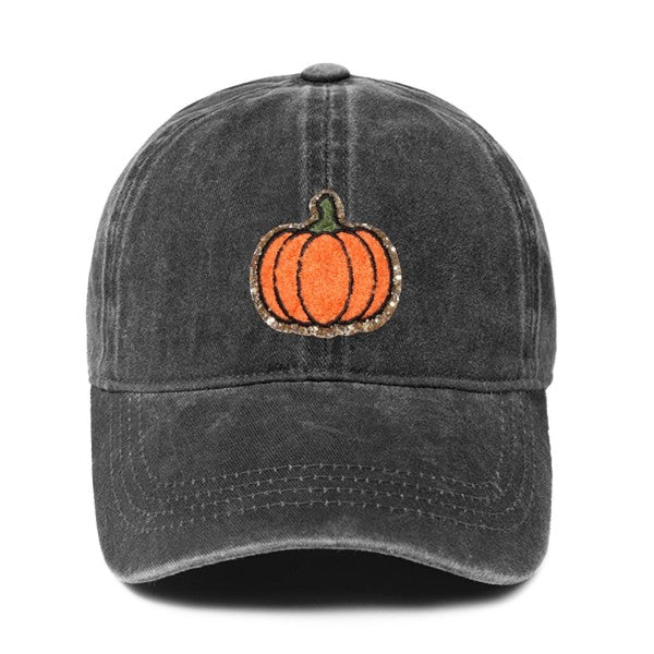 Glitter Chenille “Pumpkin Patch” Baseball Cap – Black Fall Hat