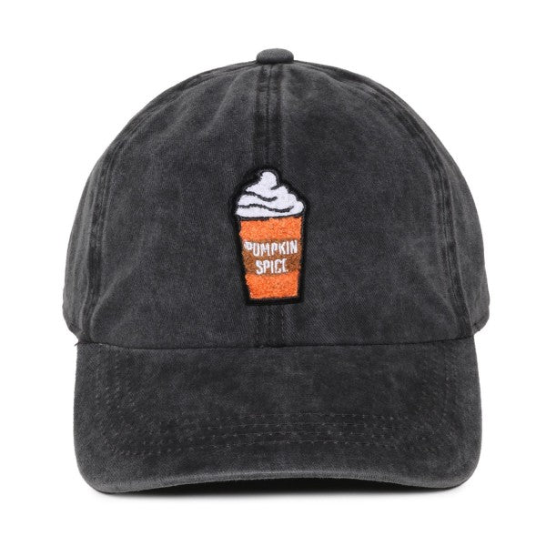Pumpkin Spice Latte Chenille Patch Baseball Cap – Black Cotton Fall Hat