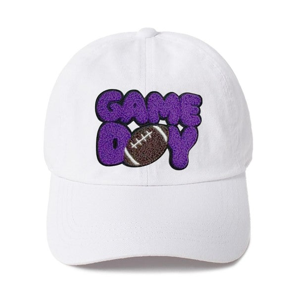 ‘GAME DAY’ Chenille Patch Baseball Cap – White Cotton Hat with Purple Lettering