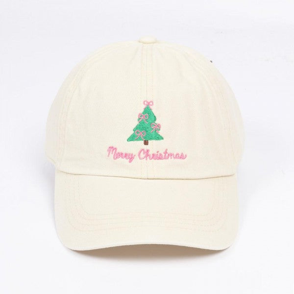 ‘Merry Christmas’ Bow Tree Embroidered Baseball Cap