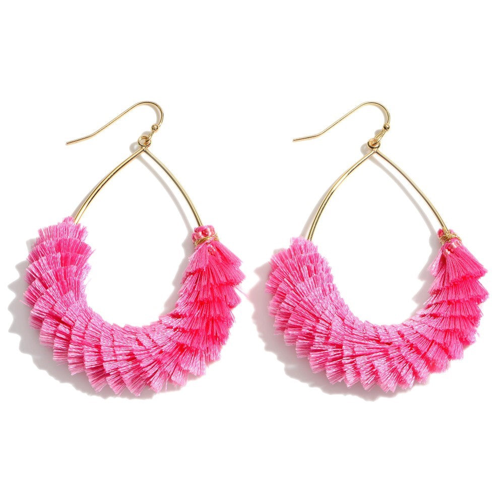 Textured fringe tassel teardrop earrings - Light Fuchsia