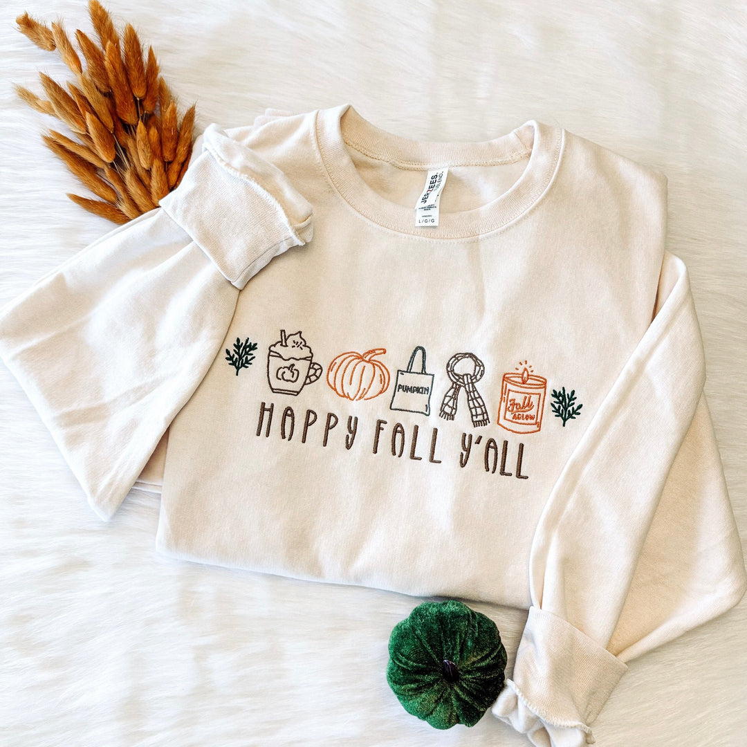 🍂 Say It in Stitches: Happy Fall Y’all Embroidered Sweatshirt