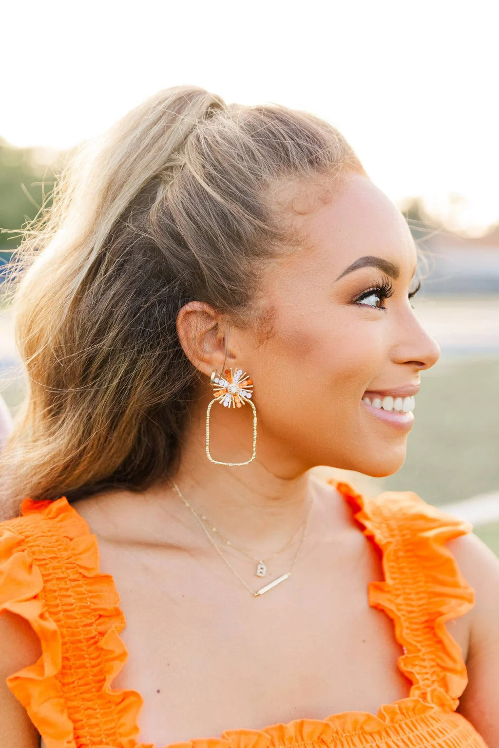 Gameday Sequin Sunburst Hoops: Orange/White / Rectangle