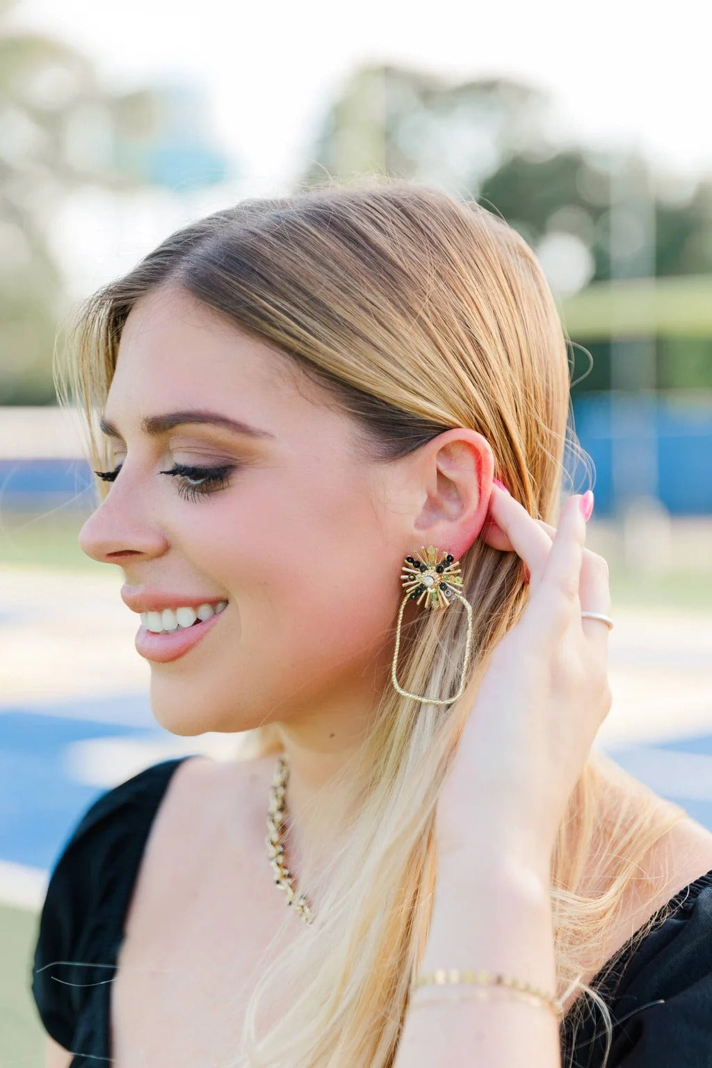 Gameday Sequin Sunburst Hoops: Black/Gold / Rectangle