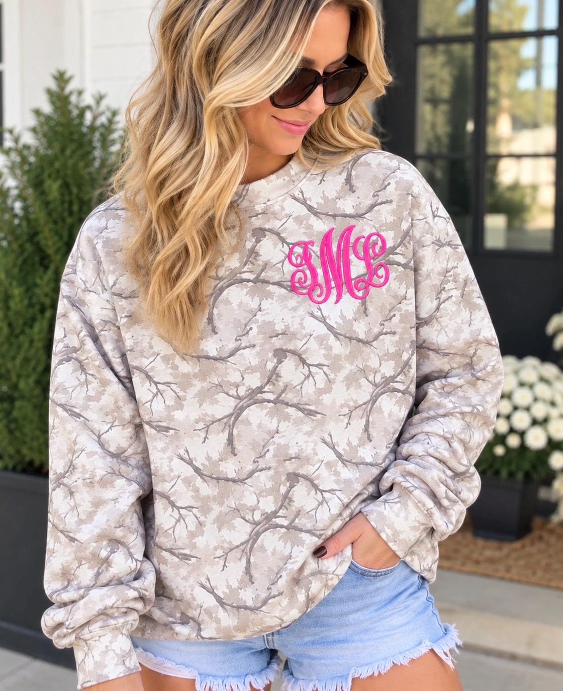 Monogram Camo Sweatshirt for Women, Embroidered Initial Crewneck