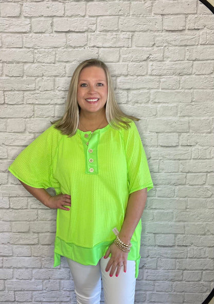 Waffle Knit Top With Uneven Hem - Neon Green