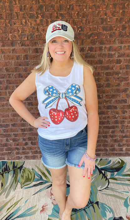 PATRIOTIC RED WHITE AND BLUE CHERRIES TANK