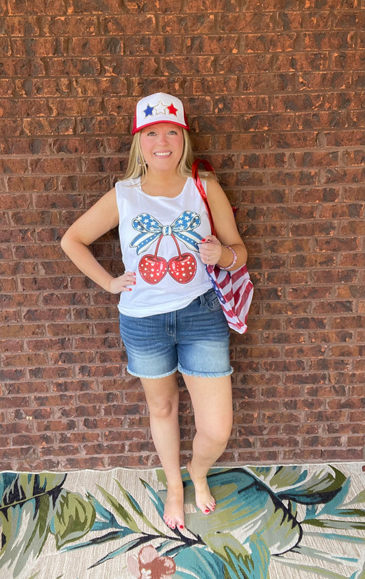 PATRIOTIC RED WHITE AND BLUE CHERRIES TANK