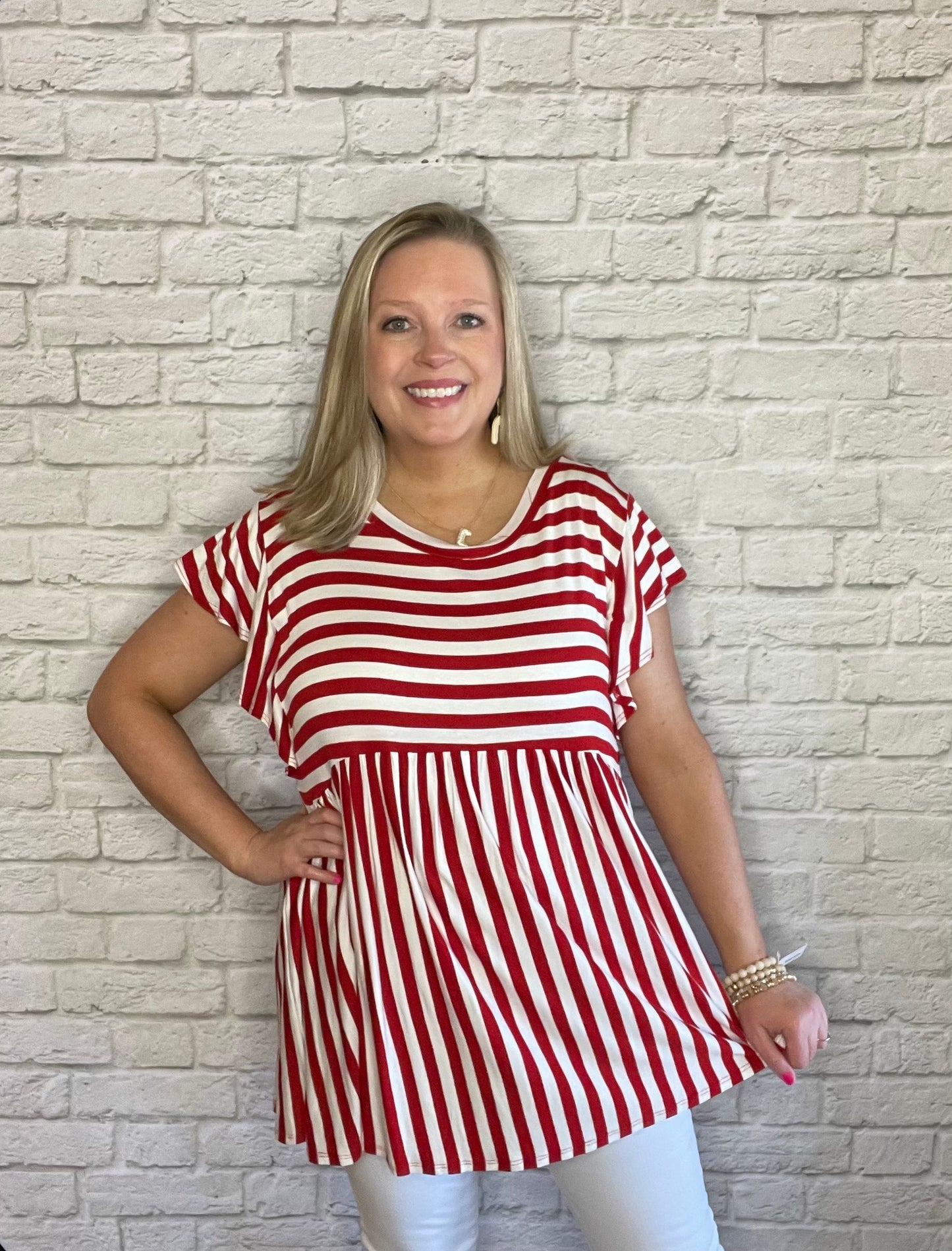 Red and Ivory Striped Babydoll Top