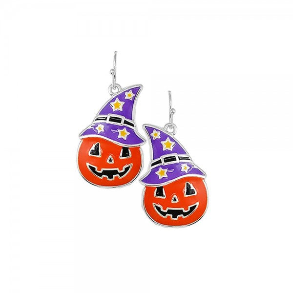 Pumpkin Face with Witch Hat Halloween Drop Earrings – Cute Fall Jewelry