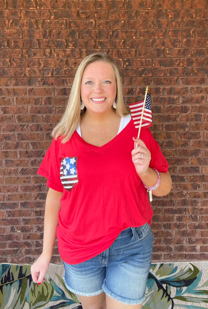 V NECK SHORT SLEEVE AMERICAN FLAG POCKET TOP