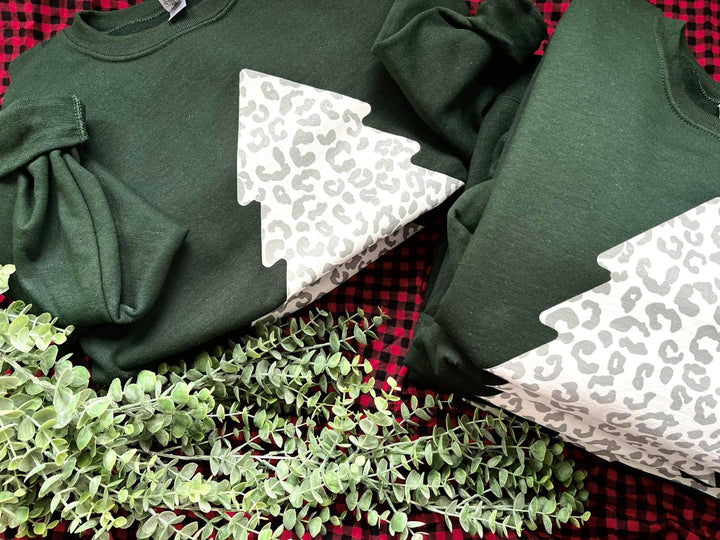 Snow Leopard Christmas Tree Sweatshirt – Forest Green 