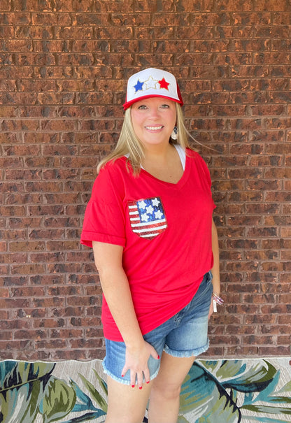 V NECK SHORT SLEEVE AMERICAN FLAG POCKET TOP