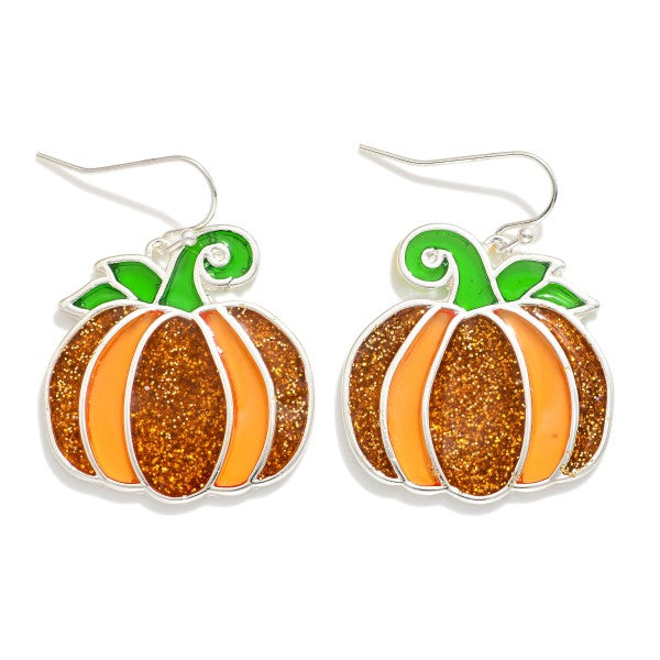 Stained Glass & Glitter Pumpkin Drop Earrings – Fall Statement Jewelry 
