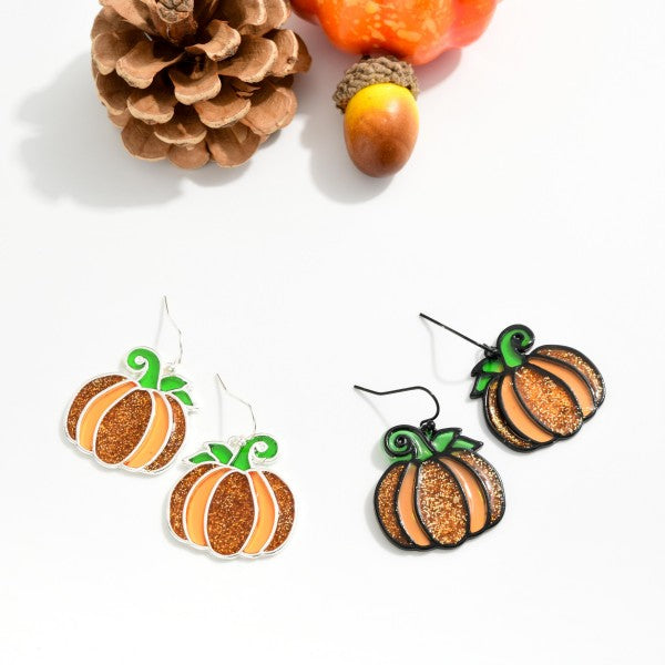Stained Glass & Glitter Pumpkin Drop Earrings – Fall Statement Jewelry 