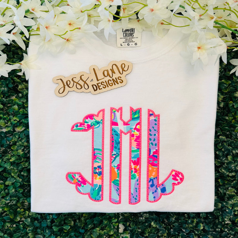 Monogrammed Scalloped Initials T-Shirt – Bright Preppy Summer Embroidered Tee