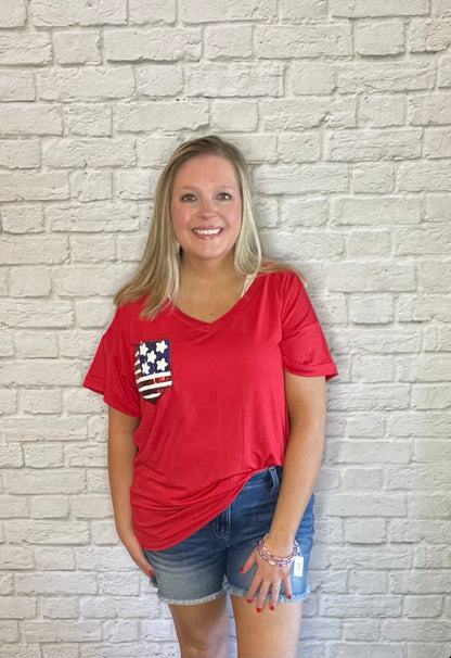 V NECK SHORT SLEEVE AMERICAN FLAG POCKET TOP