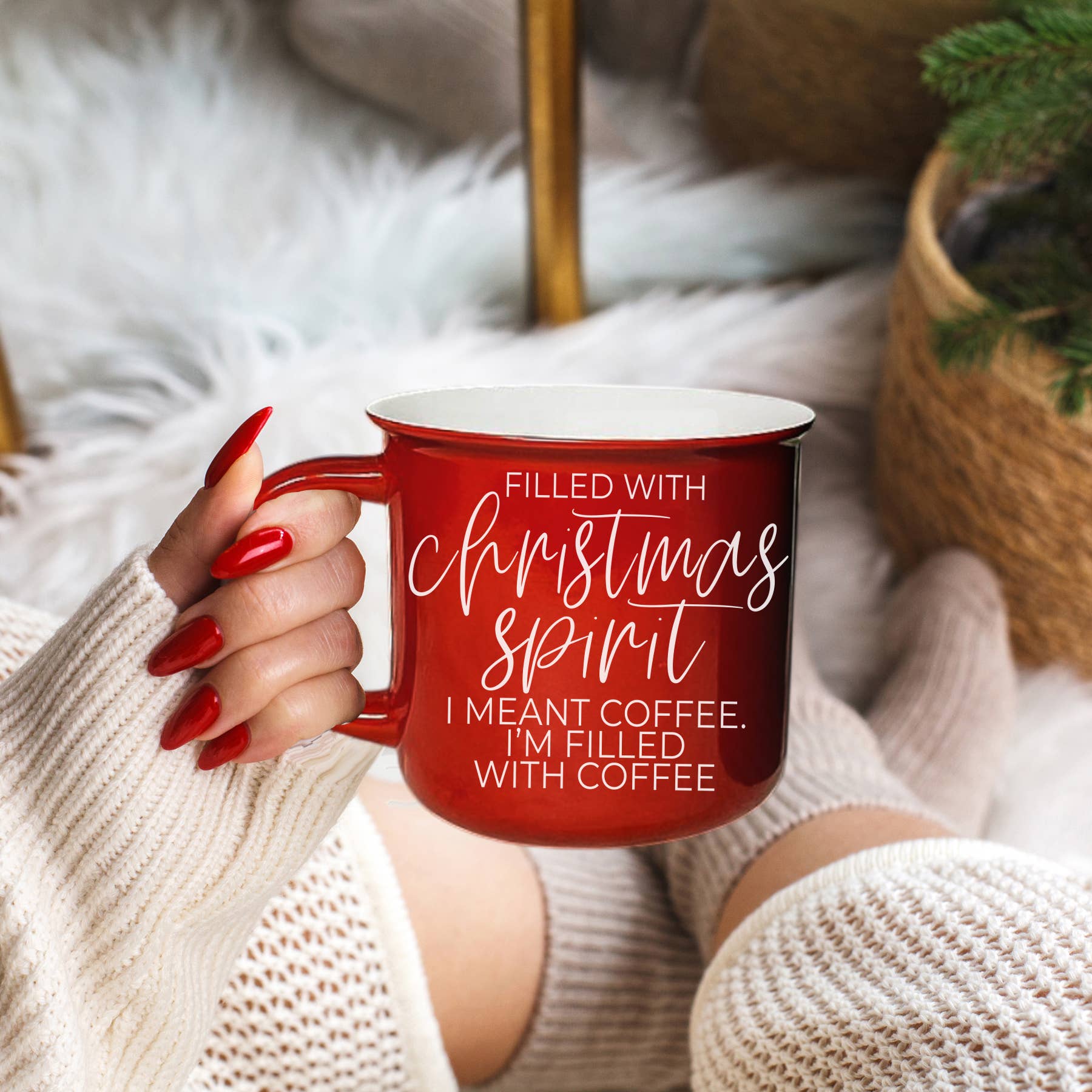 Christmas Coffee Mug – “Filled with Christmas Spirit… I Meant Coffee” Red Holiday Cup (14.5 oz)