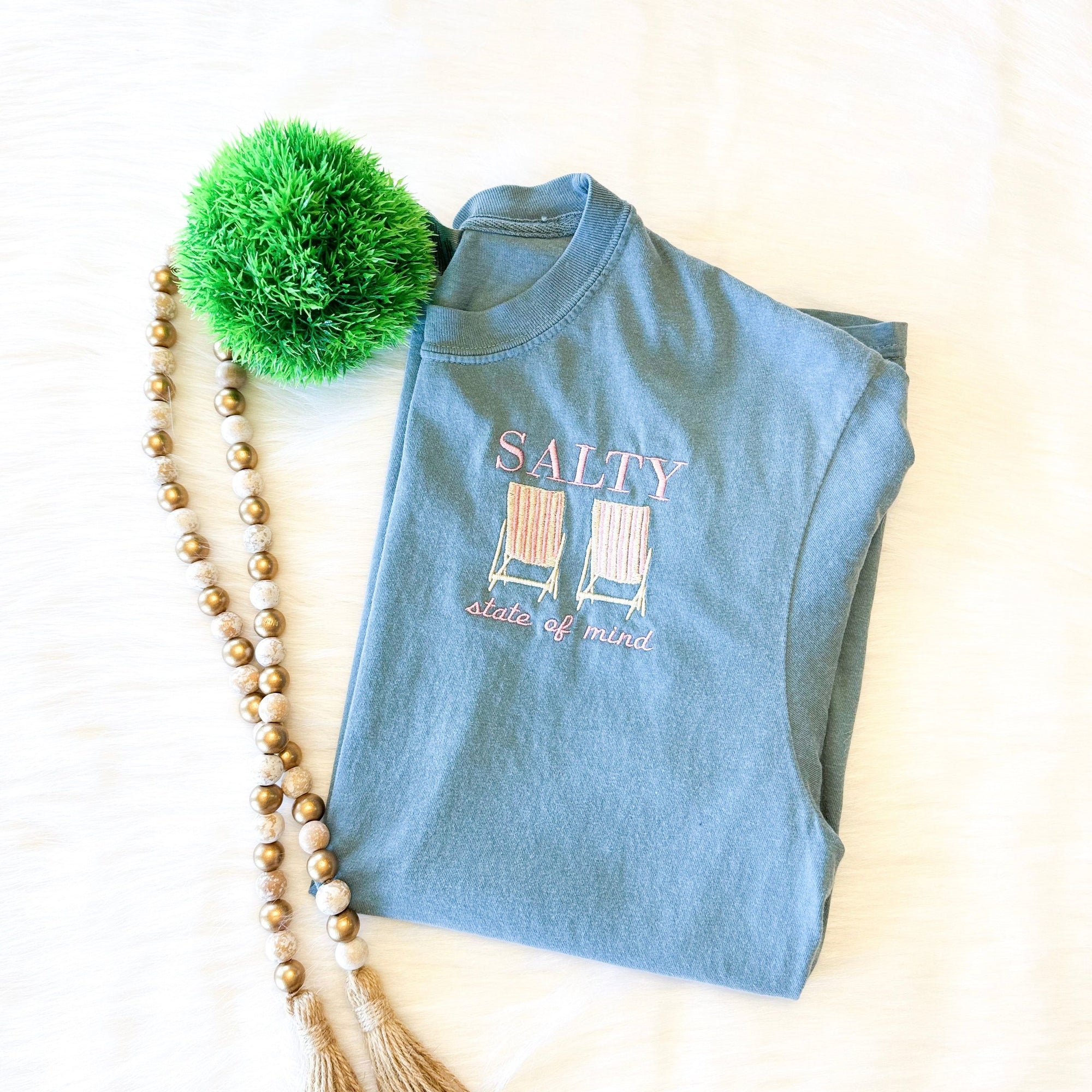 Salty State of Mind Embroidered Tee – Ice Blue Comfort Colors Coastal Shirt