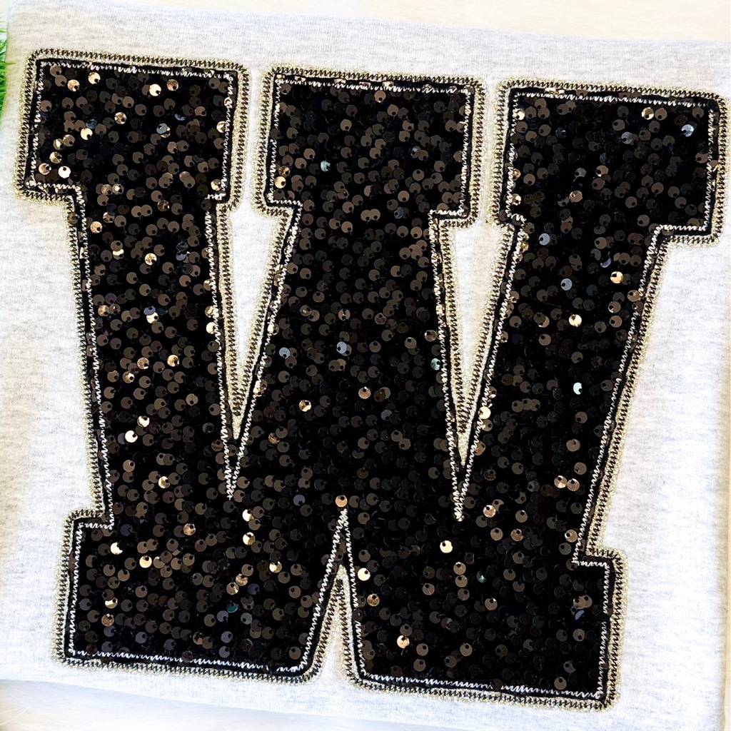 Varsity Letter Gildan Sweatshirt + Sequin Sunburst Hoop Earrings Bundle