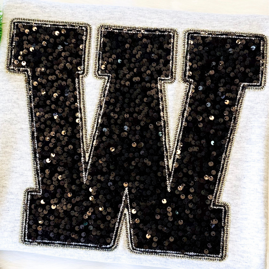 Varsity Letter Gildan Sweatshirt + Sequin Sunburst Hoop Earrings Bundle 