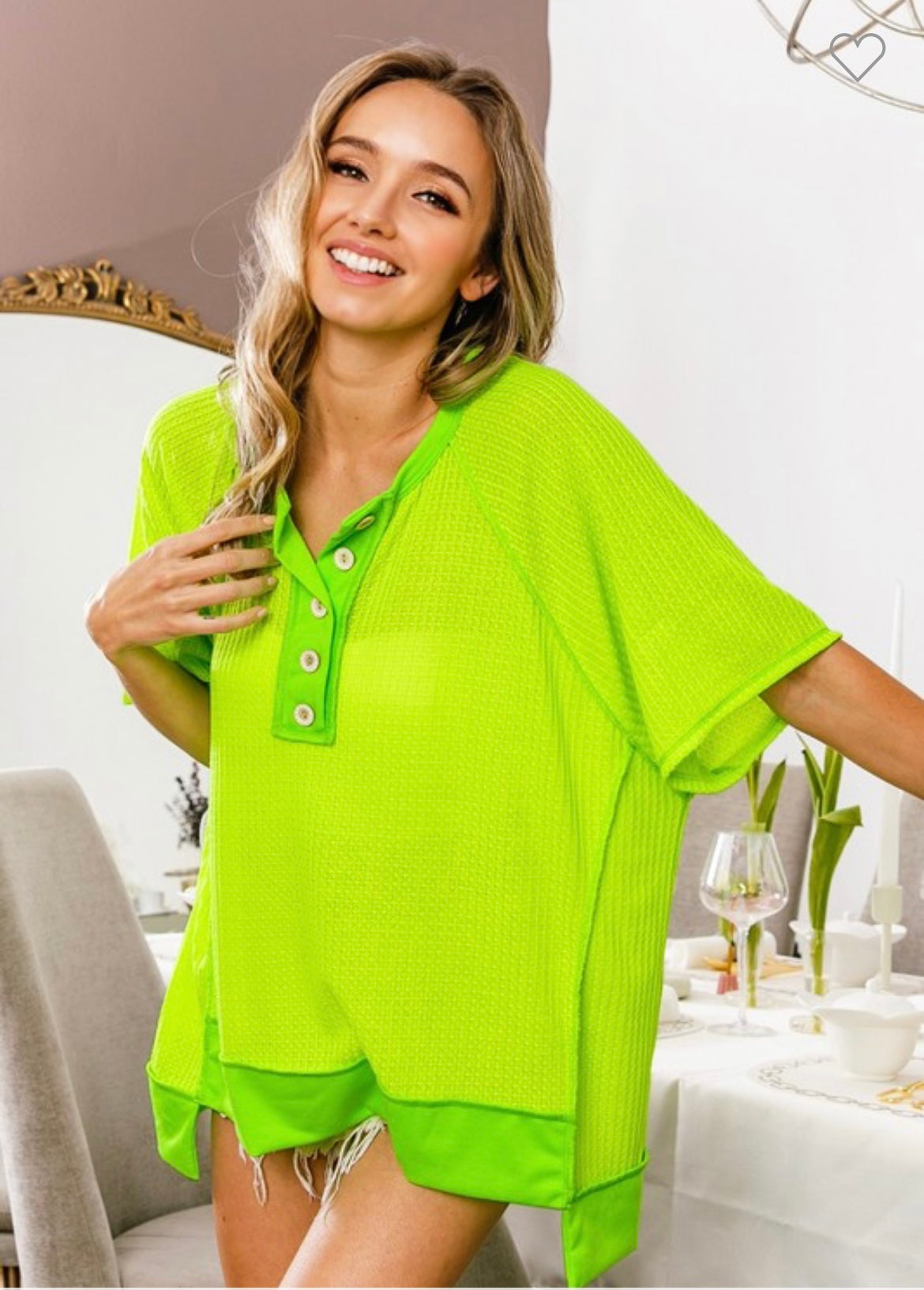 Waffle Knit Top With Uneven Hem - Neon Green