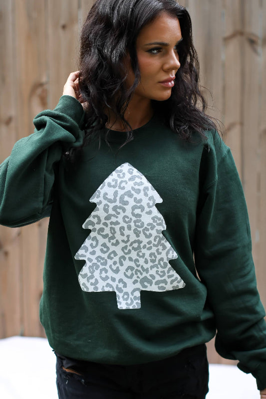 Snow Leopard Christmas Tree Sweatshirt – Forest Green 