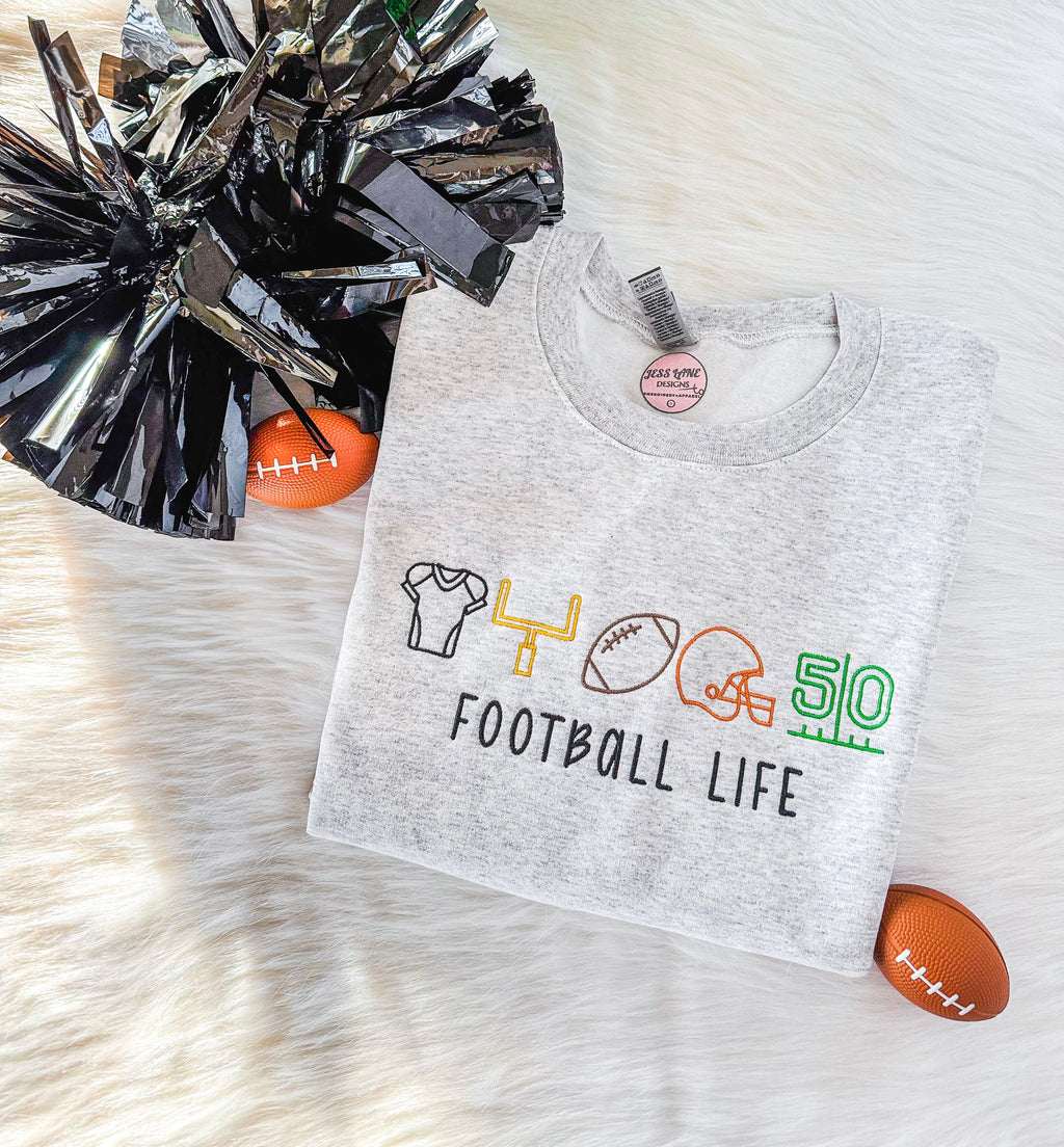 Football Life Embroidered Sweatshirt – Custom Game Day Icons Crewneck for Women