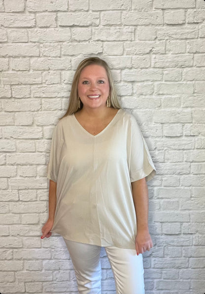 Stone Drop Shoulder Dolman Stretched Woven Top
