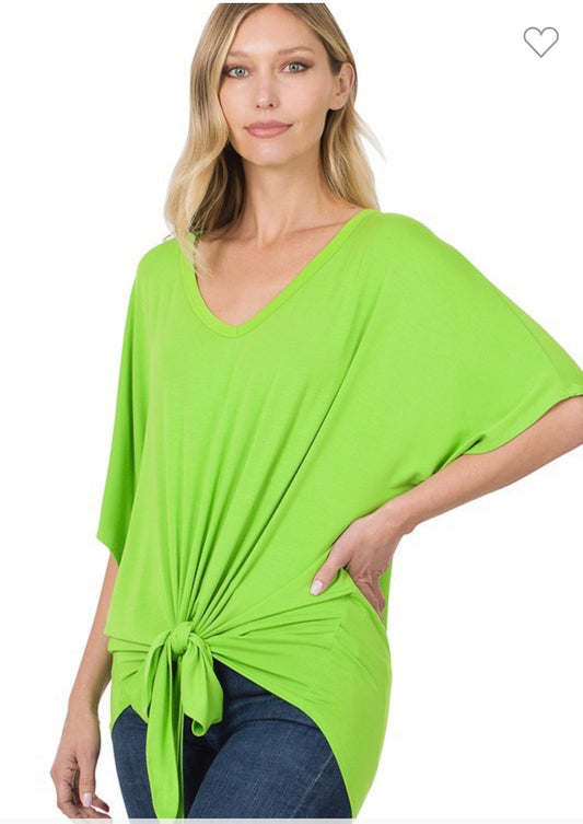 Green V-neck Tie Front Top