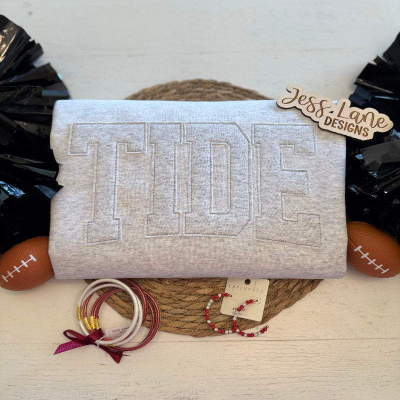 Tone-on-Tone Tide Embroidered Sweatshirt – Ash Gray Upcycled Gameday Crewneck