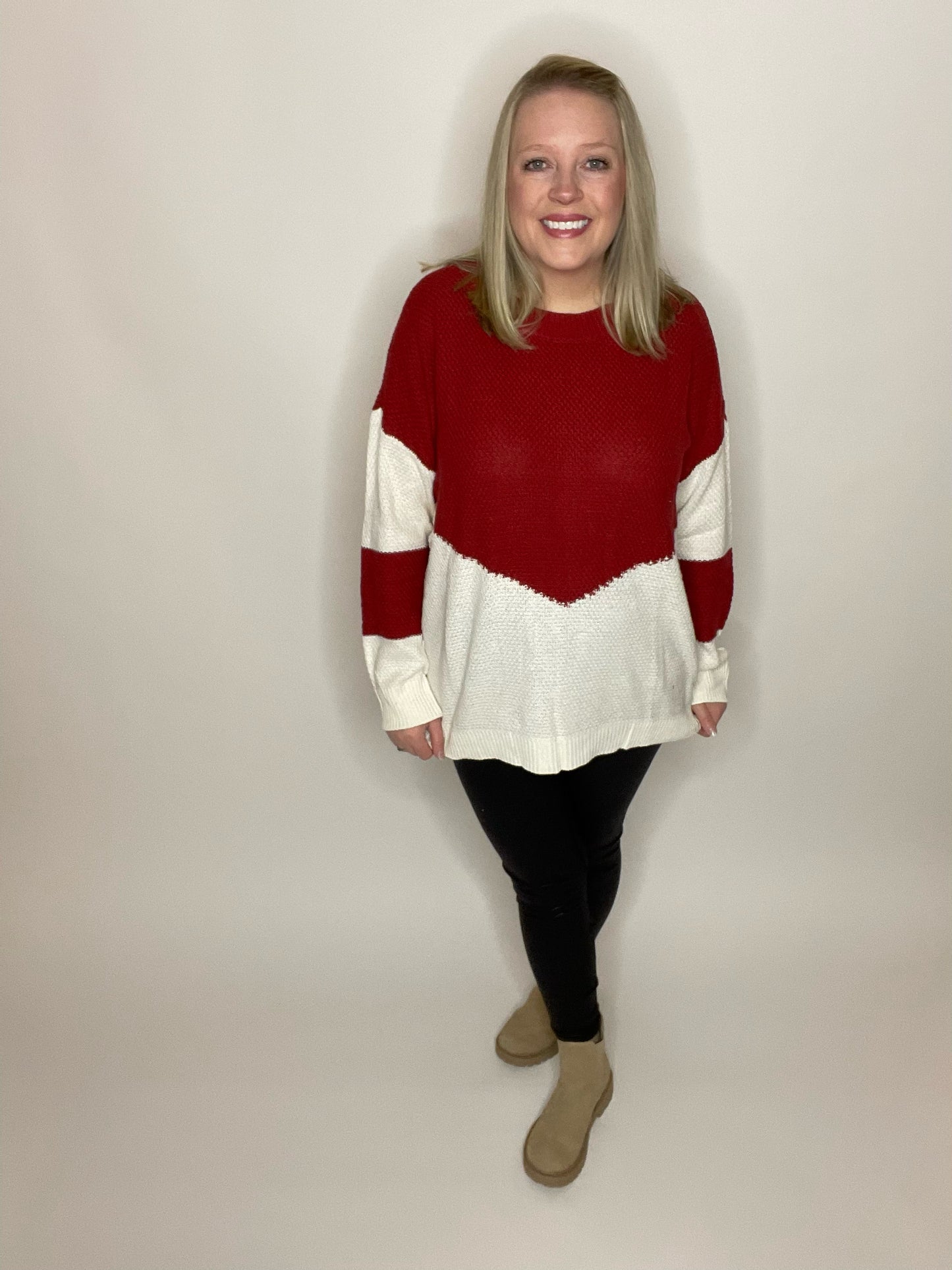 Red & White Color Block Dropped Shoulder Knit Top