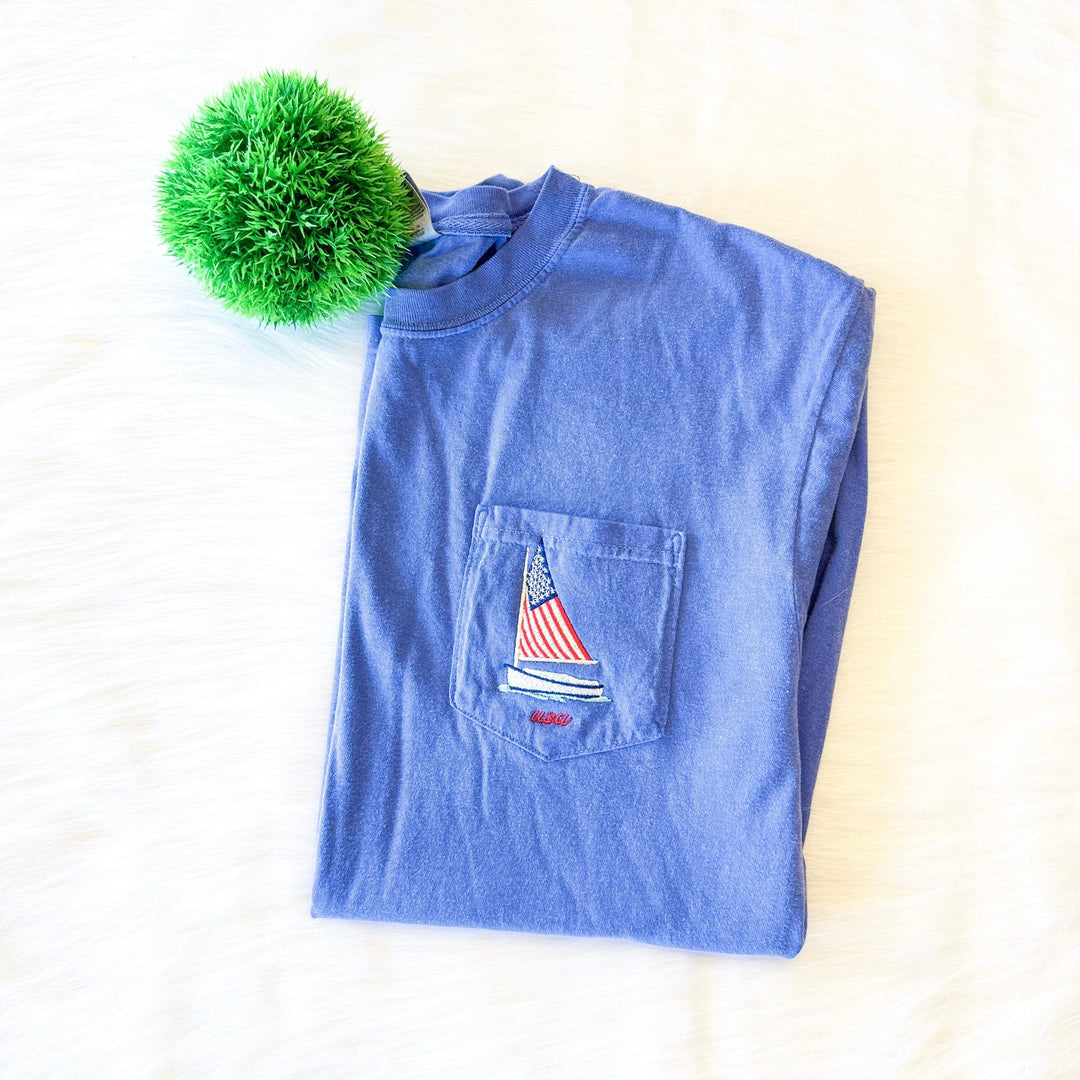 USA Sailboat Embroidered Pocket T-Shirt 