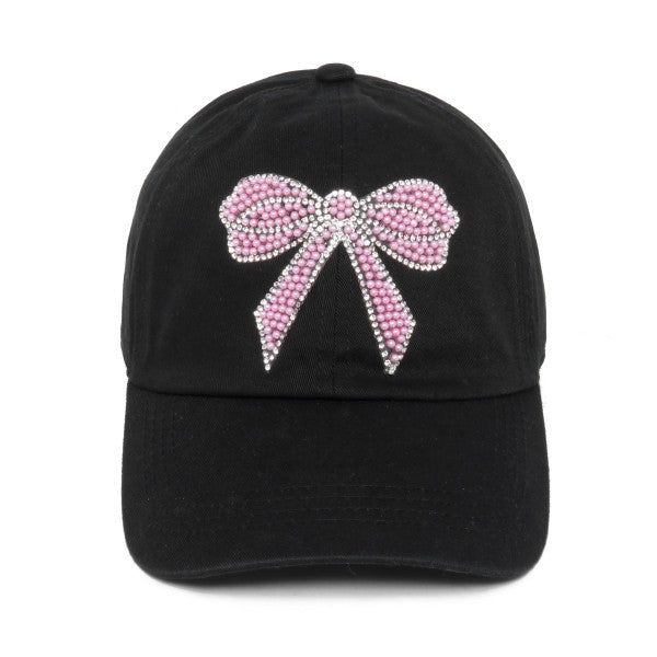 PEARL AND RHINESTONE STUDDED BOW BASEBALL CAP