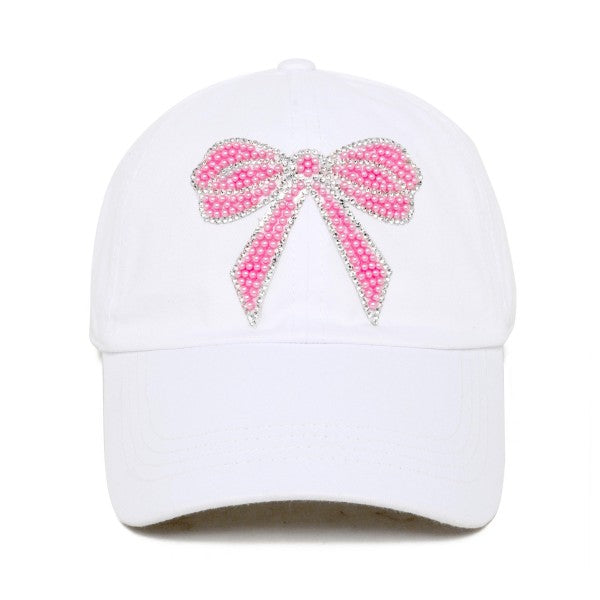 PEARL AND RHINESTONE STUDDED BOW BASEBALL CAP