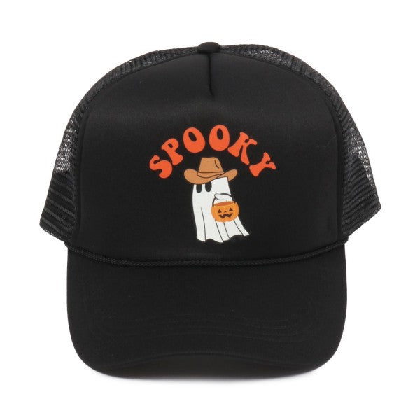 ‘SPOOKY’ Ghost Witch Trucker Hat – Black Halloween Snapback Cap