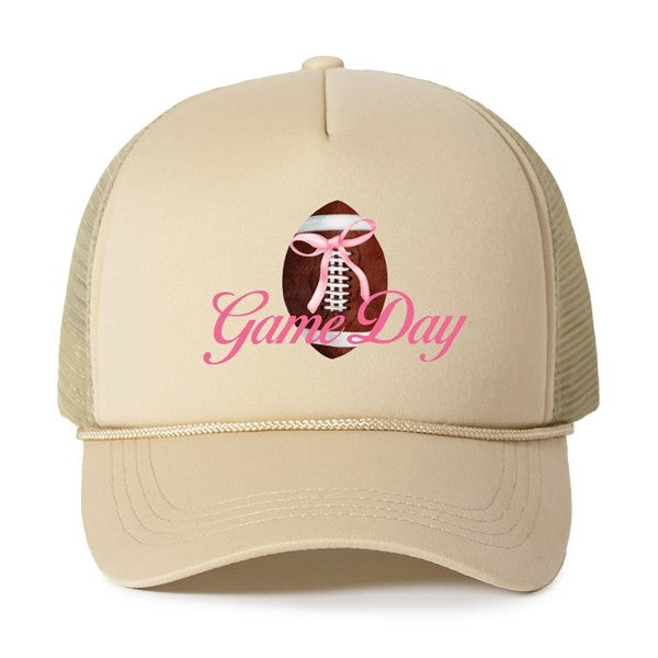 ‘Game Day’ Football Bow Trucker Hat – Beige Snapback Cap