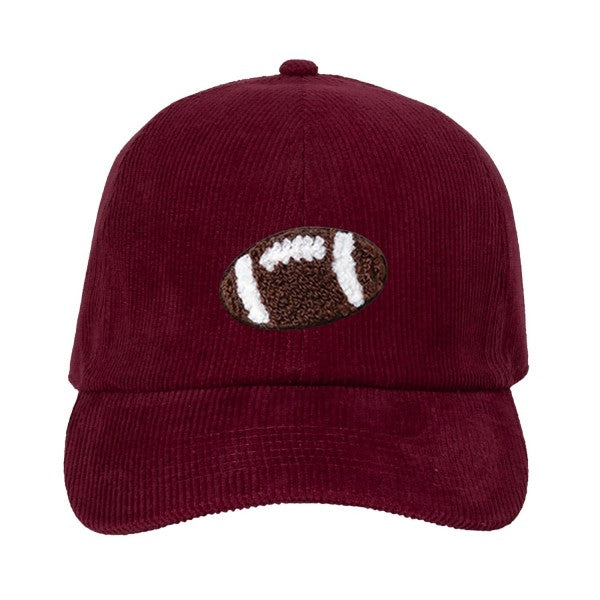 Chenille Patch Football Corduroy Baseball Cap – Burgundy Cotton Hat 