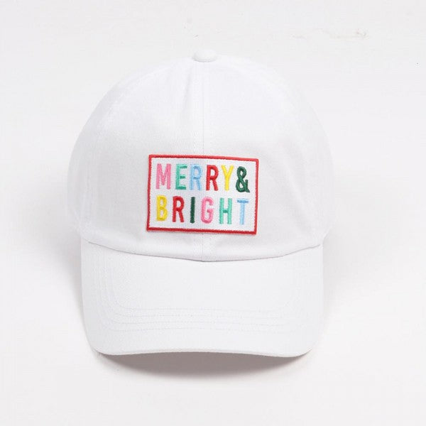 ‘Merry & Bright’ Embroidered Patch Baseball Cap – White Cotton Holiday Hat 