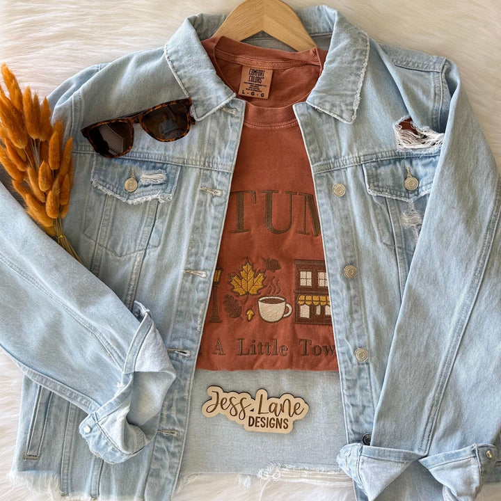 Autumn in a Little Town Embroidered T-Shirt 