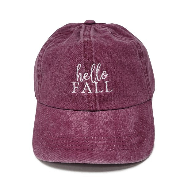 Hello Fall Embroidered Baseball Cap – Burgundy Cotton Hat