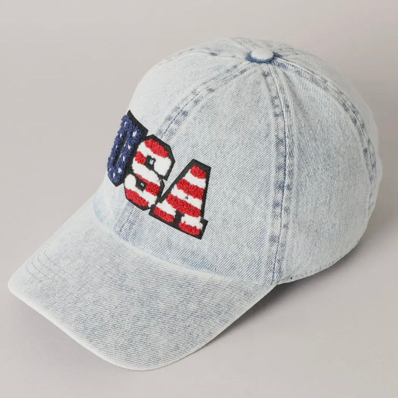 USA Chenille Patch Hat – Vintage Wash Denim Baseball Cap 