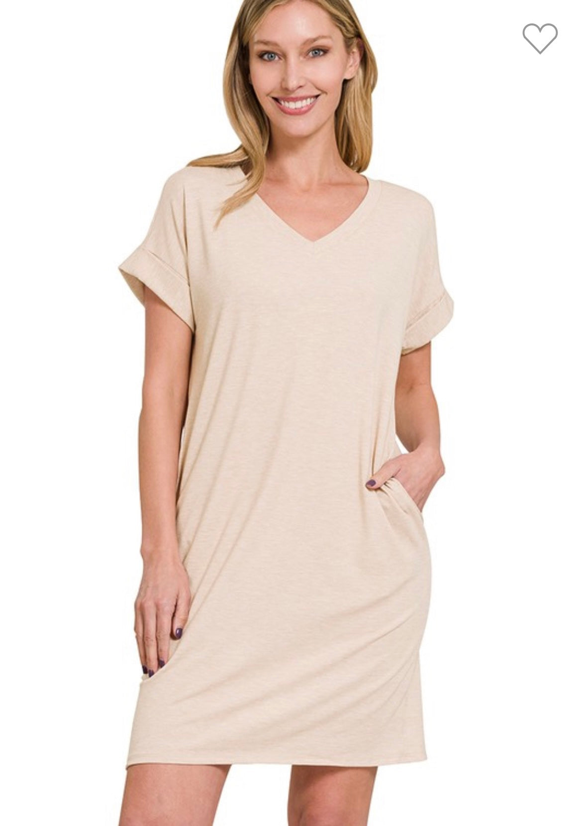 Beige Short Sleeve V-neck Dress