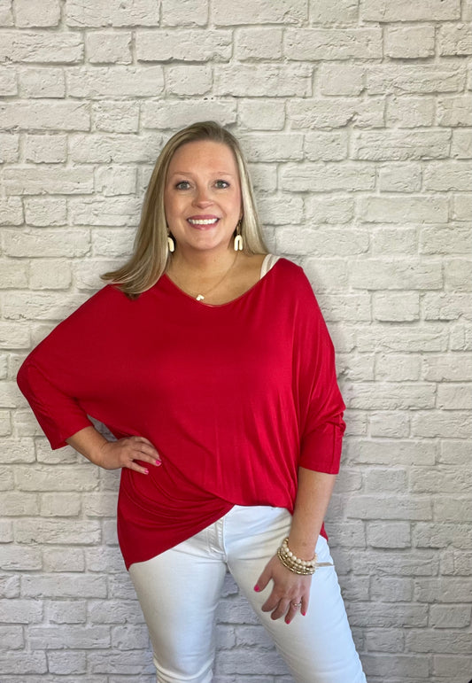 Red V-Neck Top With 3/4 Semi Dolman Sleeves