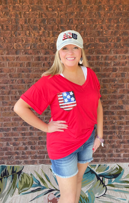 V NECK SHORT SLEEVE AMERICAN FLAG POCKET TOP