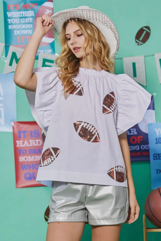 Football Sequin Patch Solid Poplin Blouse In White