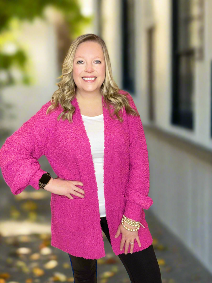 Puff Sleeve Popcorn Cardigan In Neon Hot Pink