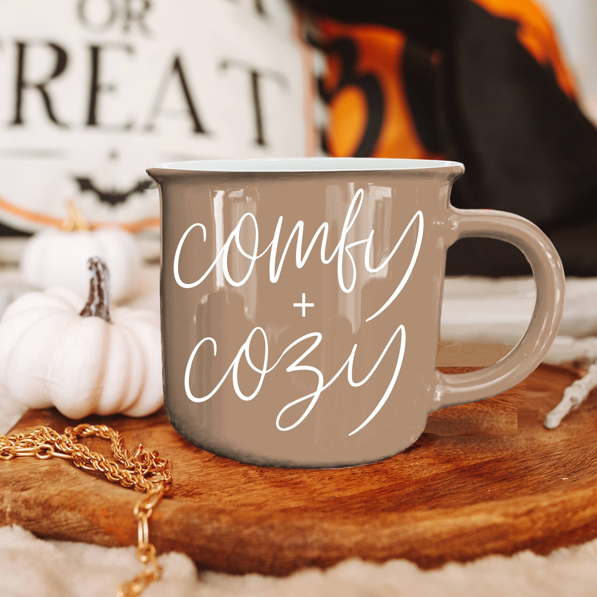 Neutral Fall Coffee Mug – “Comfy Cozy” Double-Sided Ceramic Cup (14.5 oz)