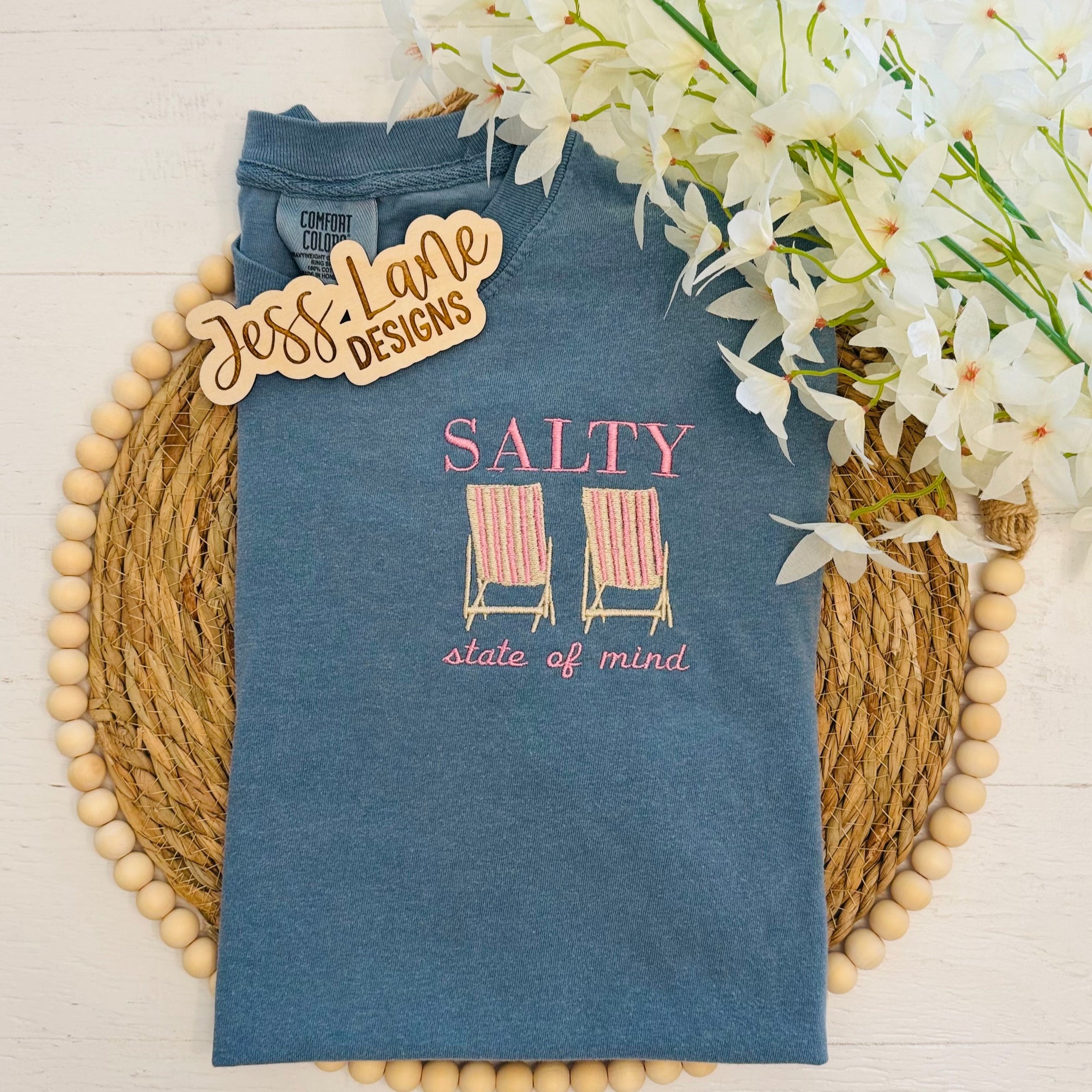 Salty state of mind with beach chairs embroidered tshirt 