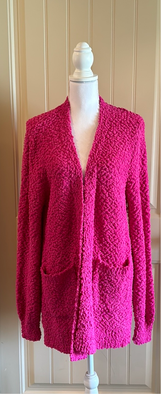 Puff Sleeve Popcorn Cardigan In Neon Hot Pink